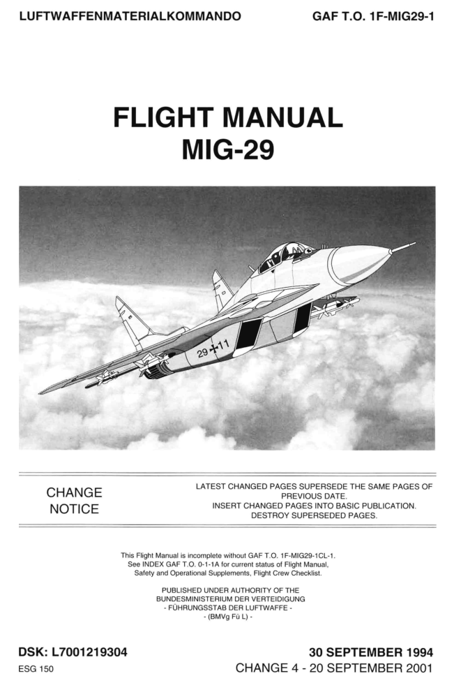 МиГ-29 Fulcrum. GAF T.O. 1F-MIG29-1. Flight manual MIG-29. Change 4. 1994-2001
