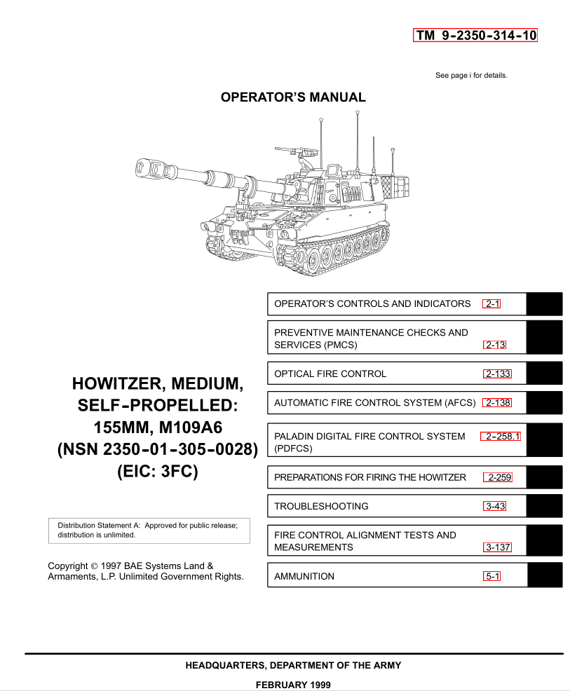155-мм самоходная гаубица М109А6. Operator's manual. 1997